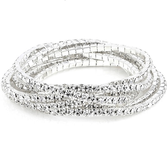 Off Park JTV White Crystal, Silver Tone Set of 6 Stretch Bracelets - Picture 1 of 11
